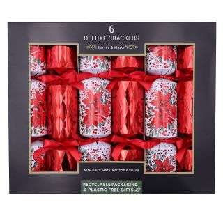 Harvey & Mason - 6 Large Deluxe Christmas Crackers  - Red & White - Poinsettia