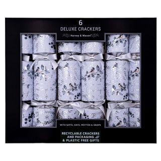 Harvey & Mason - 6 Large Deluxe Christmas Crackers  - Silver & White - Winter Robin