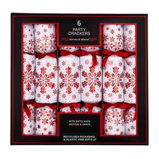 Harvey & Mason - 6 Christmas Dinner Crackers - Red & White - Holographic Snowflakes