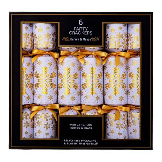 Harvey & Mason - 6 Christmas Dinner Crackers - Cream & Gold - Holographic Snowflakes