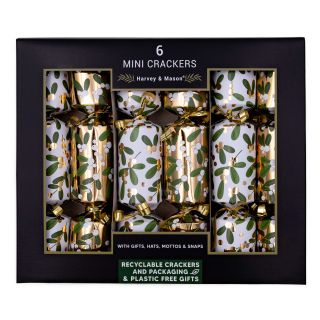 Harvey & Mason - 6 Mini Christmas Crackers - Gold & White - Mistletoe