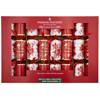 Harvey & Mason - 8 Extra Large Premium Christmas Crackers - Red & White - Poinsettia