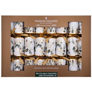 Harvey & Mason - 8 Extra Large Premium Christmas Crackers - White & Gold - Winter Floral