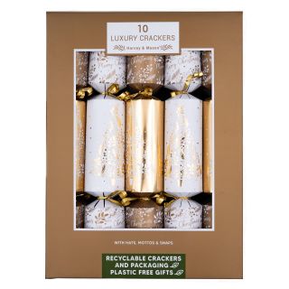 Harvey & Mason - 10 Large Luxury Eco Christmas Crackers - Gold & White - Christmas Tree