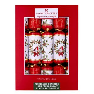 Harvey & Mason - 10 Large Luxury Eco Christmas Crackers - Red & White - Robin & Wreath