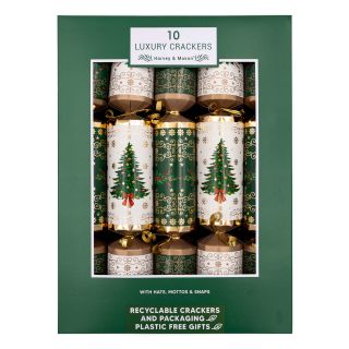 Harvey & Mason - 10 Large Luxury Eco Christmas Crackers - Green & White - Tree & Wreath