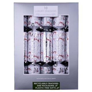 Harvey & Mason - 10 Large Luxury Eco Christmas Crackers - Silver & White - Merry Christmas