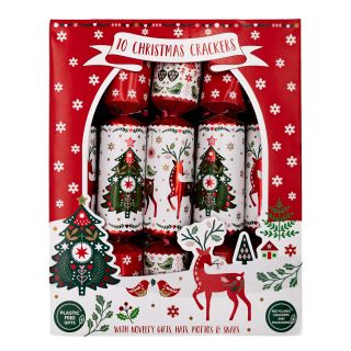 10 Family Eco Christmas Crackers - Red & White - Tree & Deer